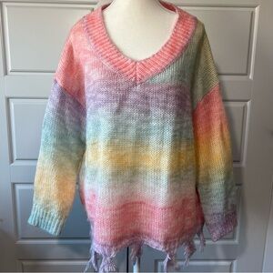 Rainbow Knit Sweater V Neck Frayed Hem Pastel Oversized Pullover‎